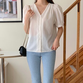 Trendywhere V-Neck Puff Sleeve Blouse